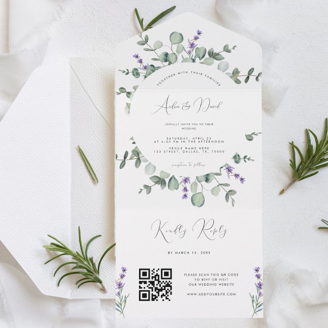 Eucalyptus Lavender Script QR Code Spring Wedding All In One Invitation (Creator Uploaded)