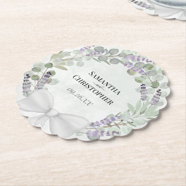 Eucalyptus & Lavender Wreath Elegant Wedding Paper Coaster (Angled)