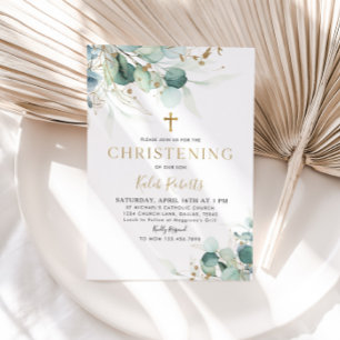 Eucalyptus Leaf and Gold Baptism Invitation