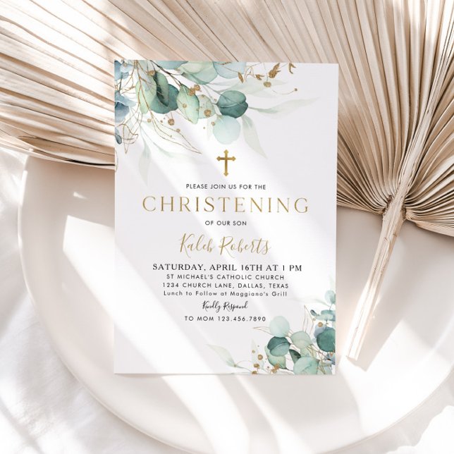 Eucalyptus Leaf and Gold Baptism Invitation (Creator Uploaded)