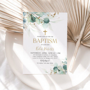 Eucalyptus Leaf and Gold Baptism Invitation