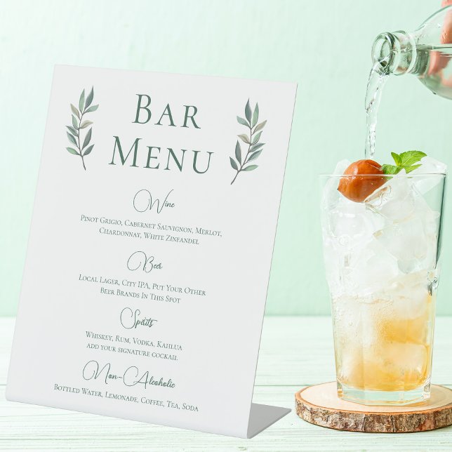 Eucalyptus Leaf Simple Botanical Wedding Bar Menu Pedestal Sign (Creator Uploaded)