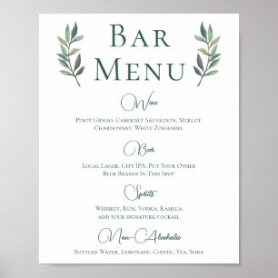 Eucalyptus Leaf Simple Botanical Wedding Bar Menu Poster