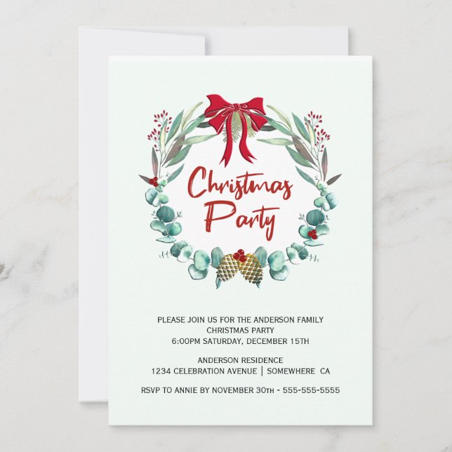 Eucalyptus Leaf Wreath Christmas Party Invitation (Front)