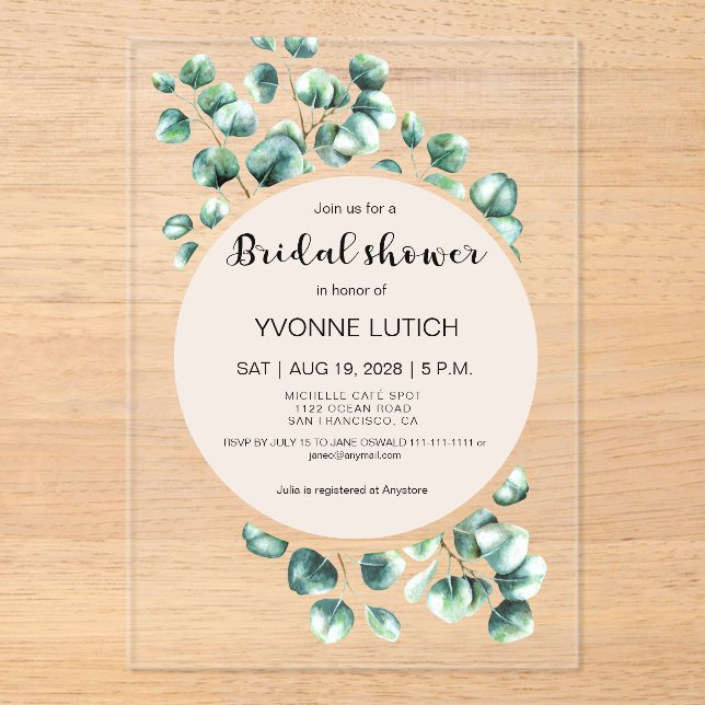 Eucalyptus Leafy Bridal Shower  Acrylic Invitations (Front)