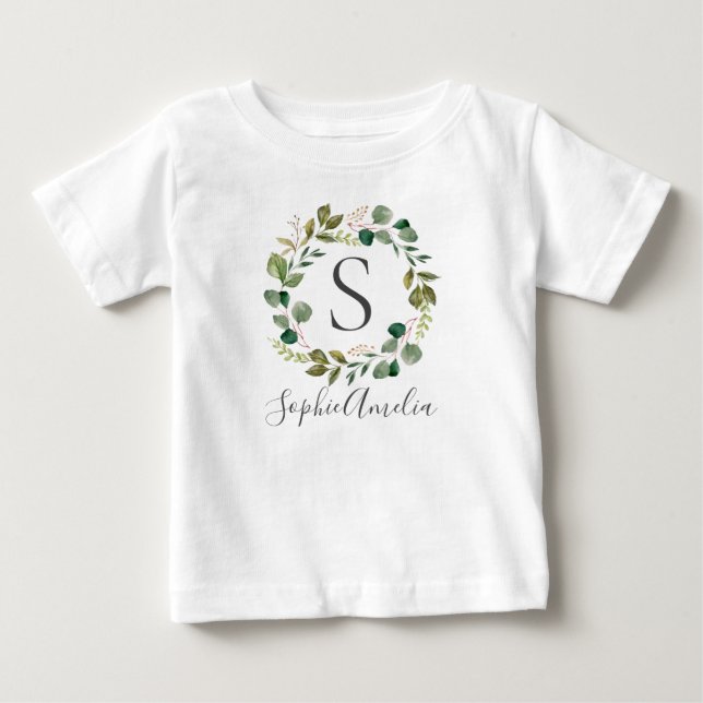 Eucalyptus Leafy Wreath Personalised Baby Name T-Shirt (Front)