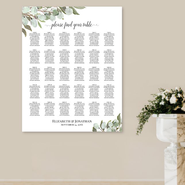 Eucalyptus Leaves 30 Table Wedding Seating Chart (In Situ on Wall next to Flowers)