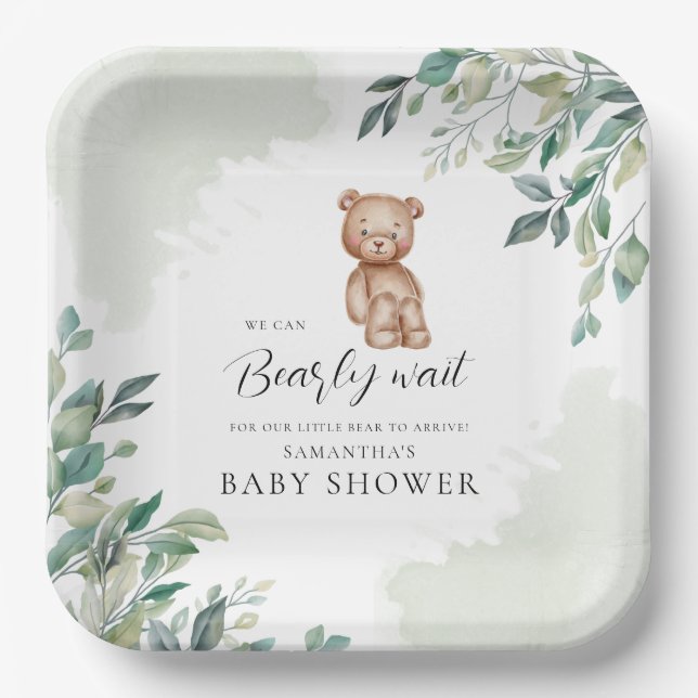 Eucalyptus Leaves and Bear Baby Shower Paper Plate (Front)