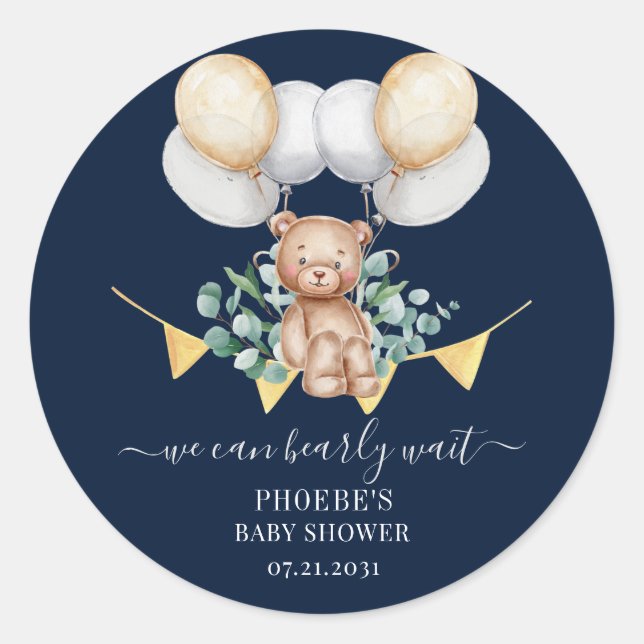 Eucalyptus Leaves Baby Shower Navy Bear & Balloons Classic Round Sticker (Front)