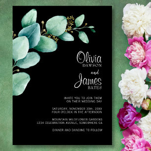 Eucalyptus Leaves Black Wedding Invitation