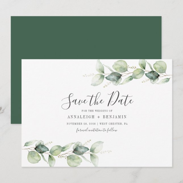 Eucalyptus Leaves Botanical Wedding Save The Date (Front/Back)