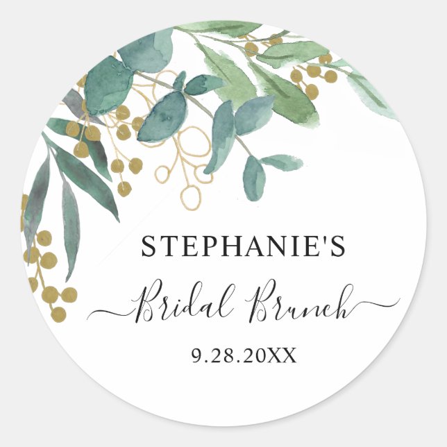 Eucalyptus Leaves Bridal Brunch Classic Round Sticker (Front)