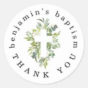 Eucalyptus Leaves Cross Name Thank You Baptism Classic Round Sticker