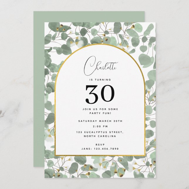 Eucalyptus Leaves Elegant Gold Birthday Party Invitation (Front/Back)