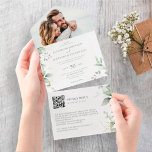 Eucalyptus leaves elegant photo QR code wedding All In One Invitation<br><div class="desc">Elegant and modern all-in-one wedding invitation featuring a chic botanical and classy bouquet of light and airy watercolor greenery and eucalyptus leaves complemented with glittery golden speckles (printed). Easily customise this card with your QR Code to direct your guests to your wedding website to RSVP online. This invitation is part...</div>