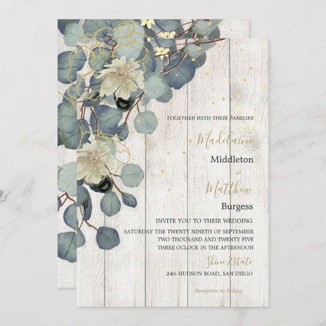 Eucalyptus Leaves Floral Rustic Wood Gold Wedding Invitation (Front/Back)