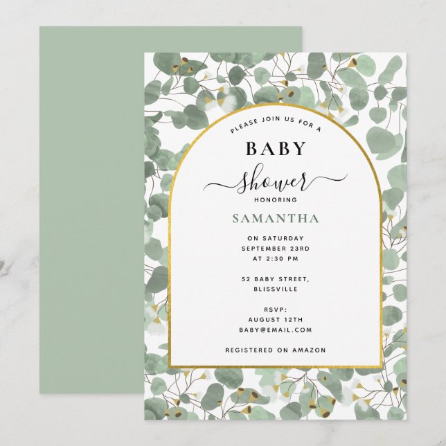 Eucalyptus Leaves Gender Neutral Gold Baby Shower Invitation (Front/Back)