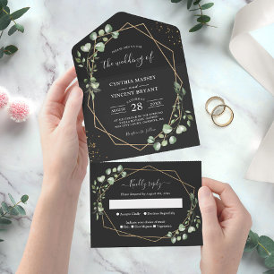 Eucalyptus Leaves Geometric Black Gold Wedding All In One Invitation