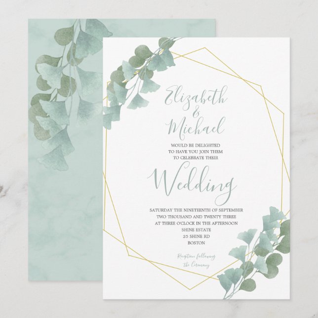 Eucalyptus Leaves Geometric Summer Elegant Wedding Invitation (Front/Back)