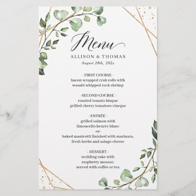 Eucalyptus Leaves Geometric Wedding Dinner Menu (Front)