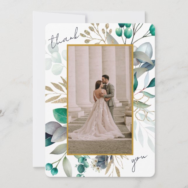 Eucalyptus Leaves & Gold Frame Watercolor Wedding Thank You Card (Front)
