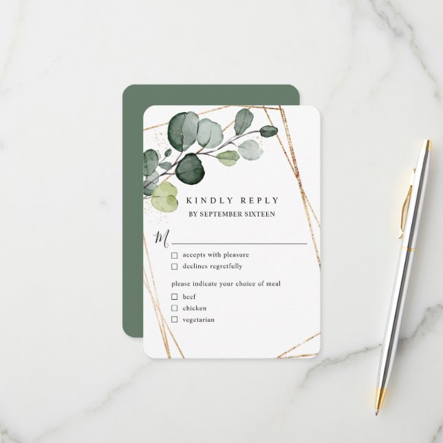 Eucalyptus Leaves Gold Geometric w Meal RSVP Card (Front/Back In Situ)