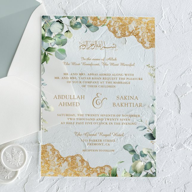 Eucalyptus Leaves Gold Lace Muslim Wedding Acrylic Invitations (Creator Uploaded)