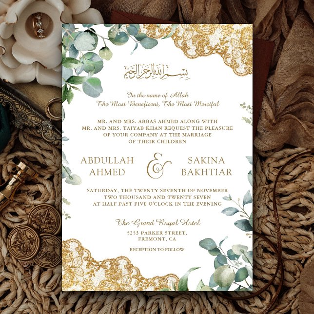 Eucalyptus Leaves Gold Lace QR Code Muslim Wedding Invitation (Creator Uploaded)