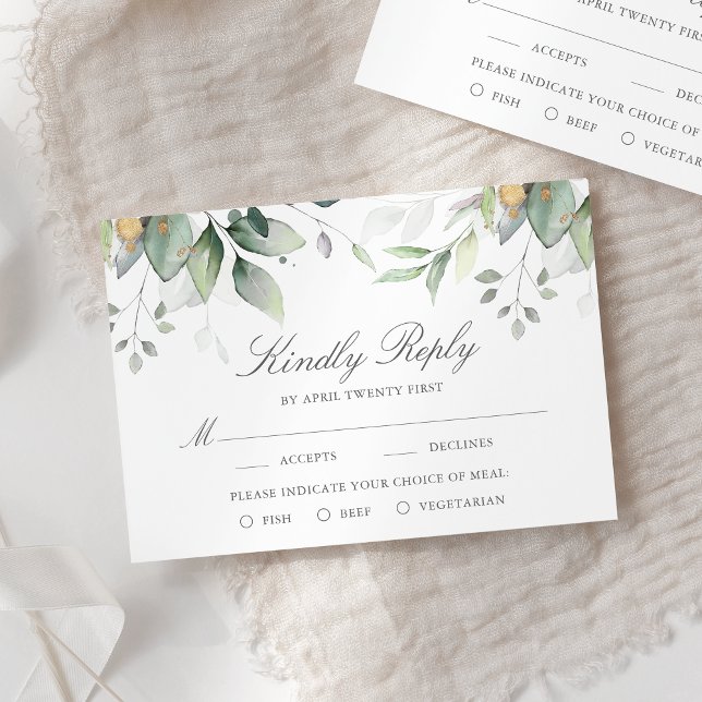 Eucalyptus Leaves Gold Meal Options Wedding RSVP C Card (Creator Uploaded)