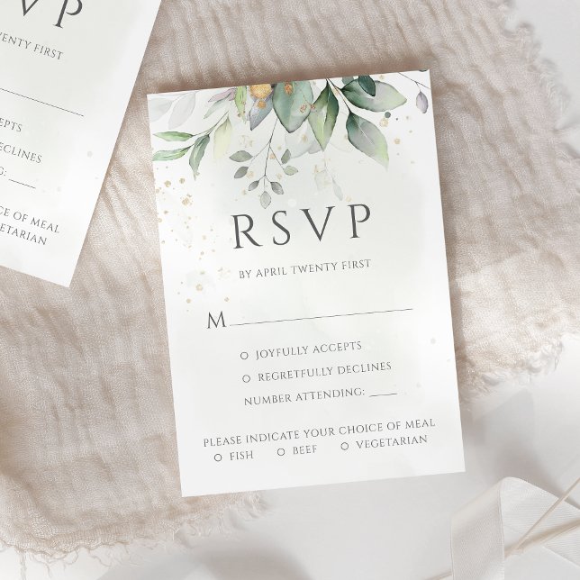 Eucalyptus Leaves Gold Meal Options Wedding RSVP Card (Creator Uploaded)