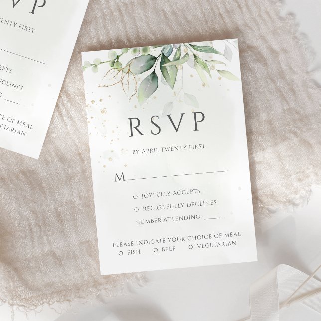 Eucalyptus Leaves Gold Meal Options Wedding RSVP Card (Creator Uploaded)