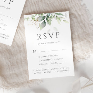 Eucalyptus Leaves Gold Meal Options Wedding RSVP Card