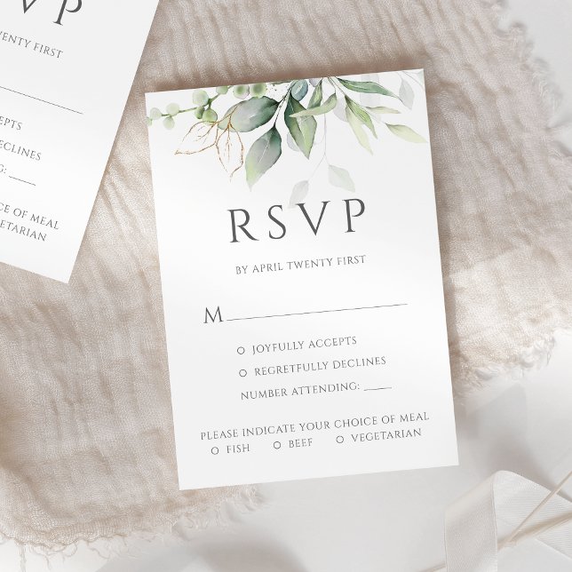 Eucalyptus Leaves Gold Meal Options Wedding RSVP Card (Creator Uploaded)
