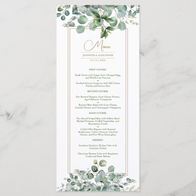 Eucalyptus Leaves Gold Sage Green Wedding Menu (Front)