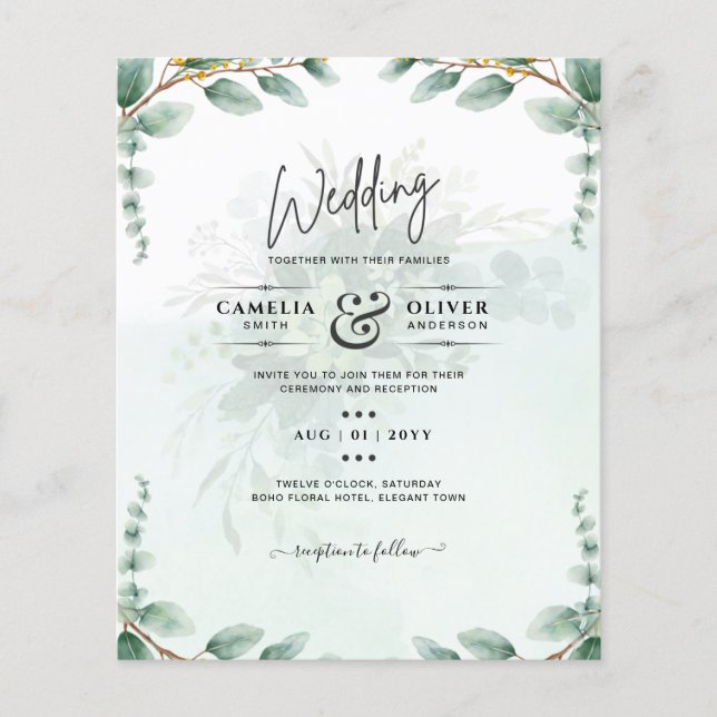 Eucalyptus Leaves GOLD WEDDING QR CODE BUDGET Flyer (Front)