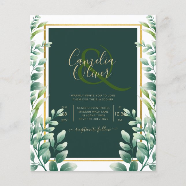 Eucalyptus Leaves GOLD WEDDING QR CODE INVITE RSVP Flyer (Front)