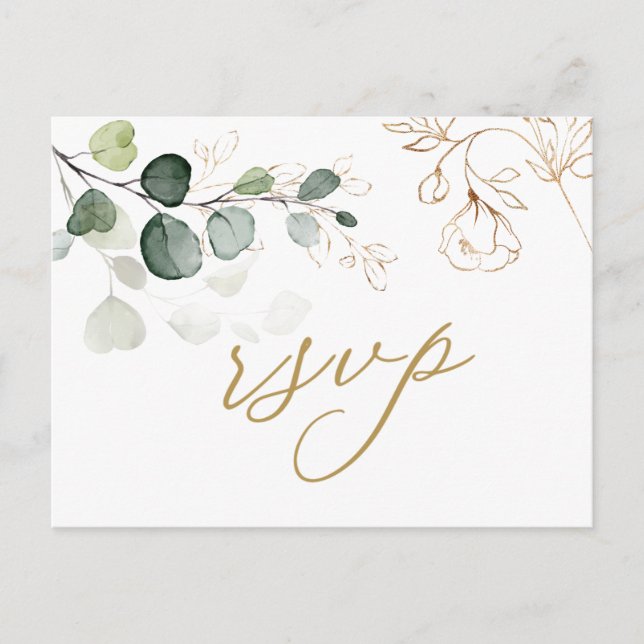 Eucalyptus Leaves Golden Floral RSVP Wedding Invitation Postcard (Front)