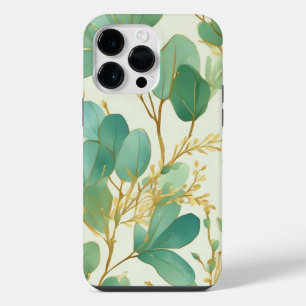 Eucalyptus Leaves Green and Gold Design iPhone 14 Pro Max Case