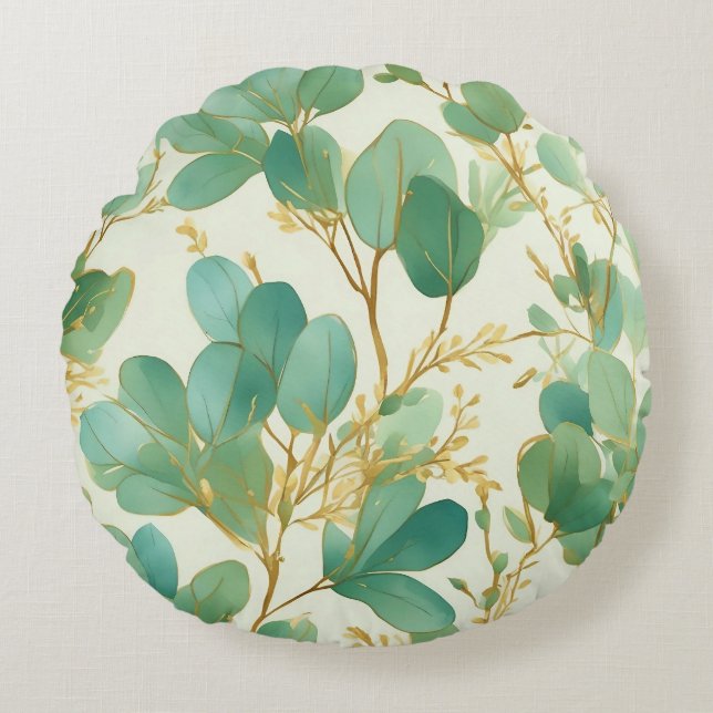 Eucalyptus Leaves Green and Gold Design Round Cushion (Front)