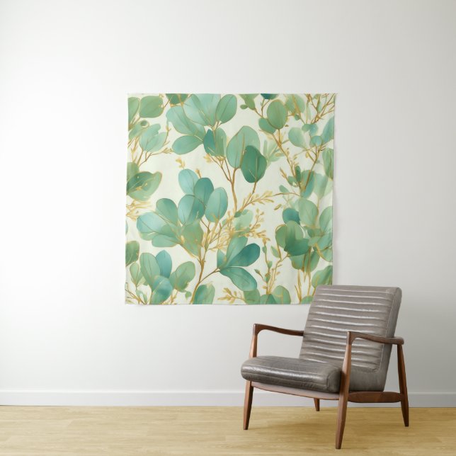 Eucalyptus Leaves Green and Gold Design Tapestry (In Situ)