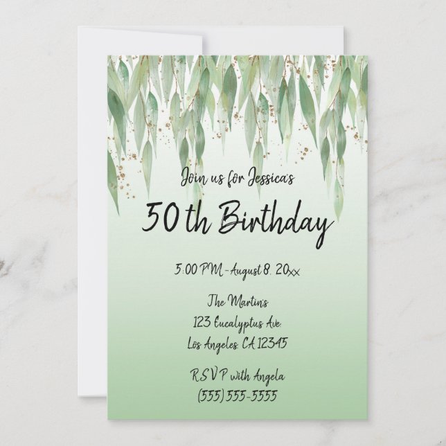 Eucalyptus Leaves Green Ombre 50th Birthday Invitation (Front)