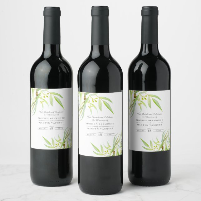 Eucalyptus leaves green watercolor wedding wine label (Bottles)
