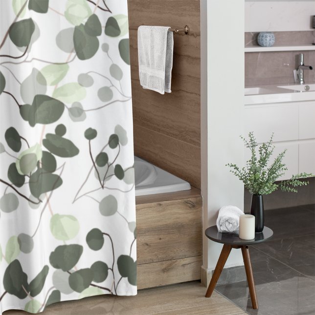 Eucalyptus Leaves Green White Pattern Modern Shower Curtain (Creator Uploaded)