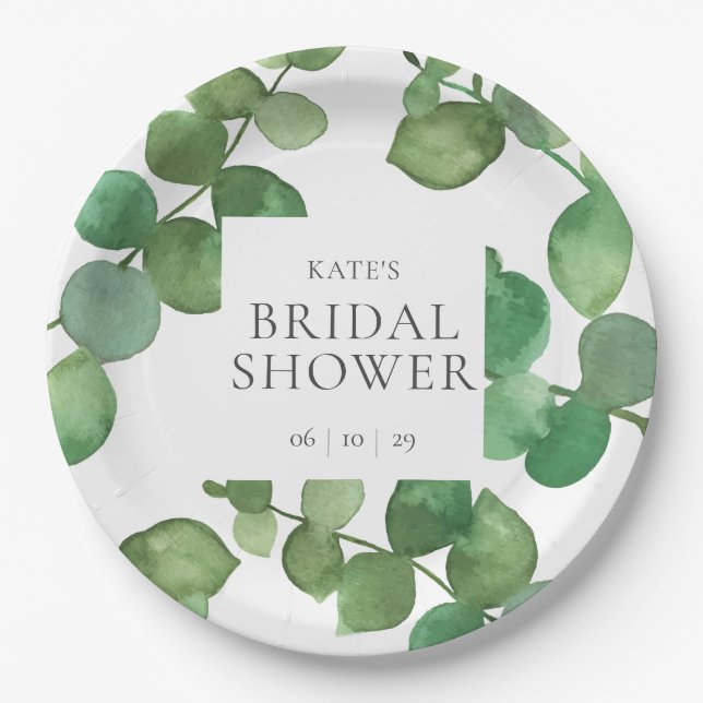 Eucalyptus Leaves Greenery Bridal Shower Paper Plate (Front)