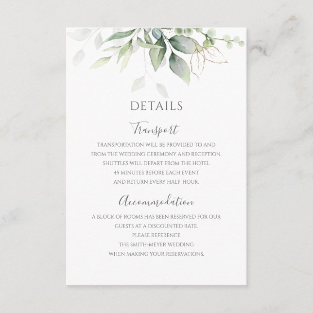 Eucalyptus Leaves Greenery Gold Elegant Wedding Enclosure Card (Front)
