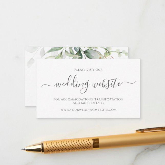 Eucalyptus Leaves Greenery Gold Wedding Website Enclosure Card (Front/Back In Situ)