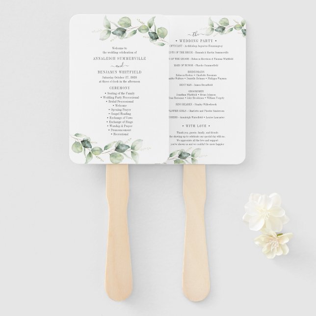 Eucalyptus Leaves Greenery Rustic Wedding Ceremony Hand Fan (Front and Back)