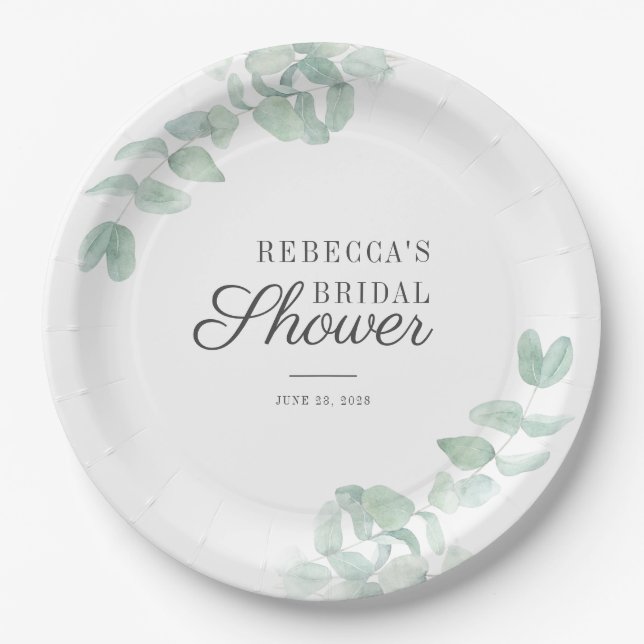 Eucalyptus Leaves Greenery Script Bridal Shower Paper Plate (Front)