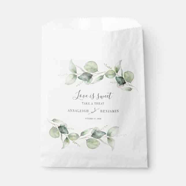 Eucalyptus Leaves Greenery Script Wedding Favour Bag (Front)