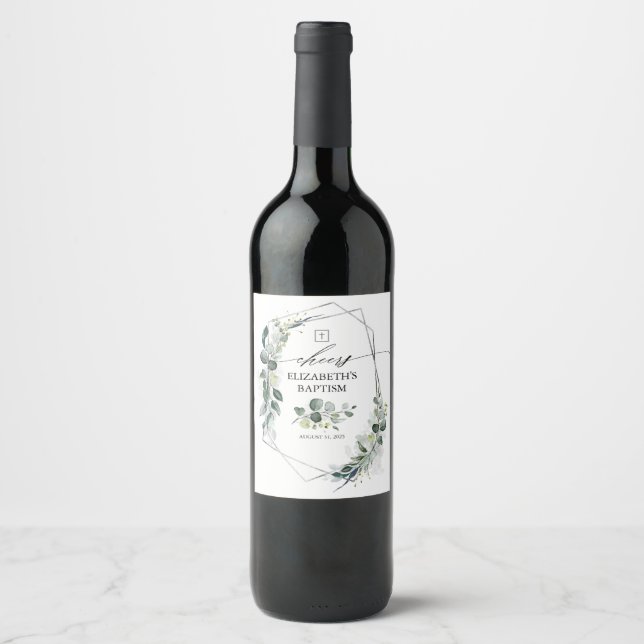 Eucalyptus Leaves Greenery Silver Baptism Wine Label (Front)